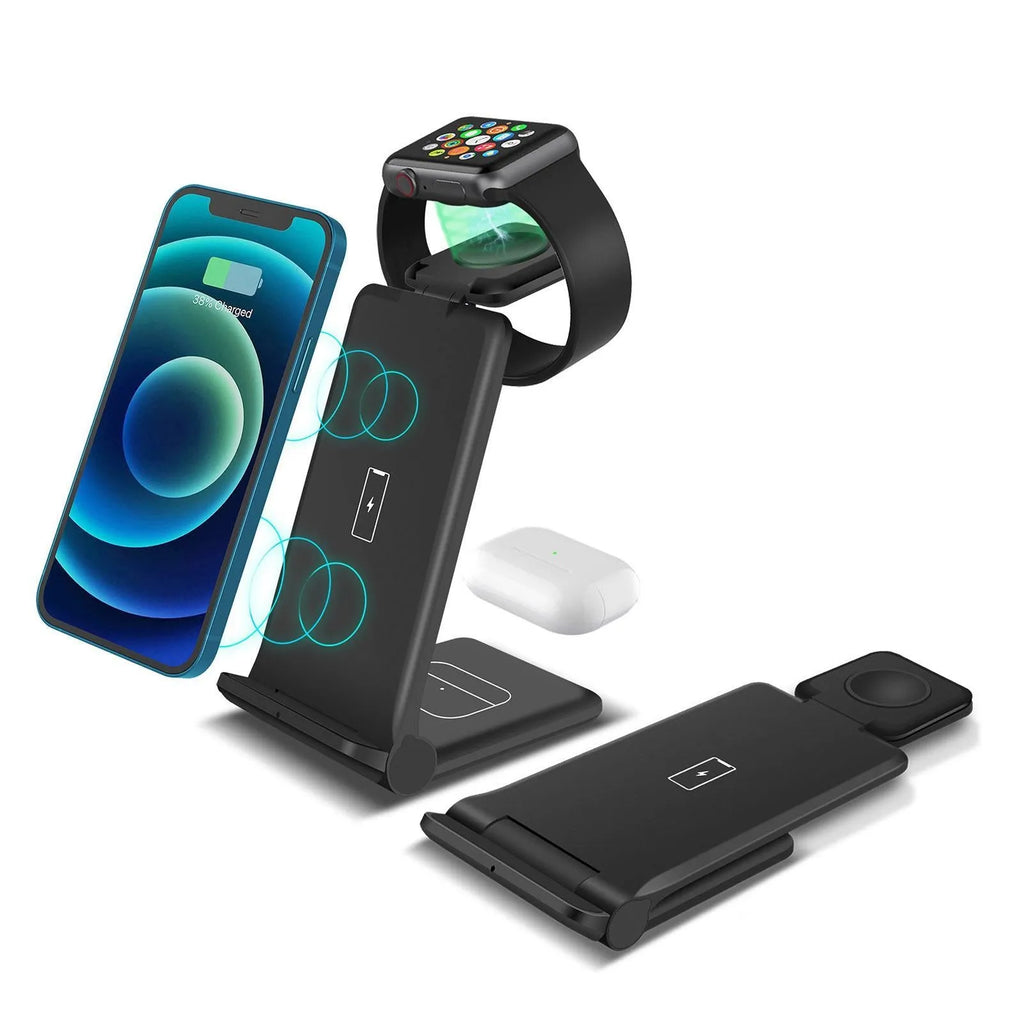 White 3-in-1 foldable wireless charging station charging an iPhone, Apple Watch, and AirPods on a desk.
