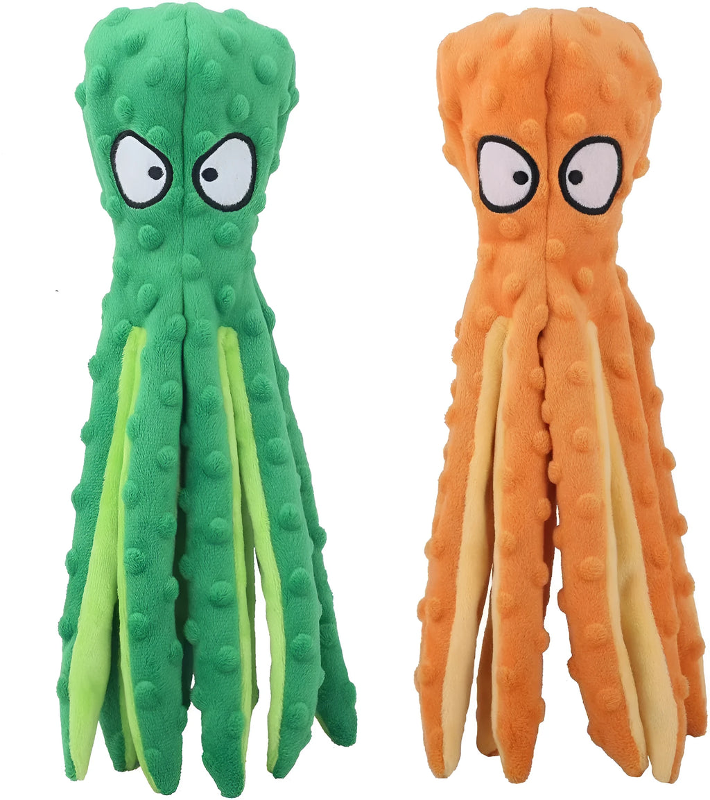 Blue octopus-shaped dog squeaky toy with no stuffing and crinkle sounds for chewing