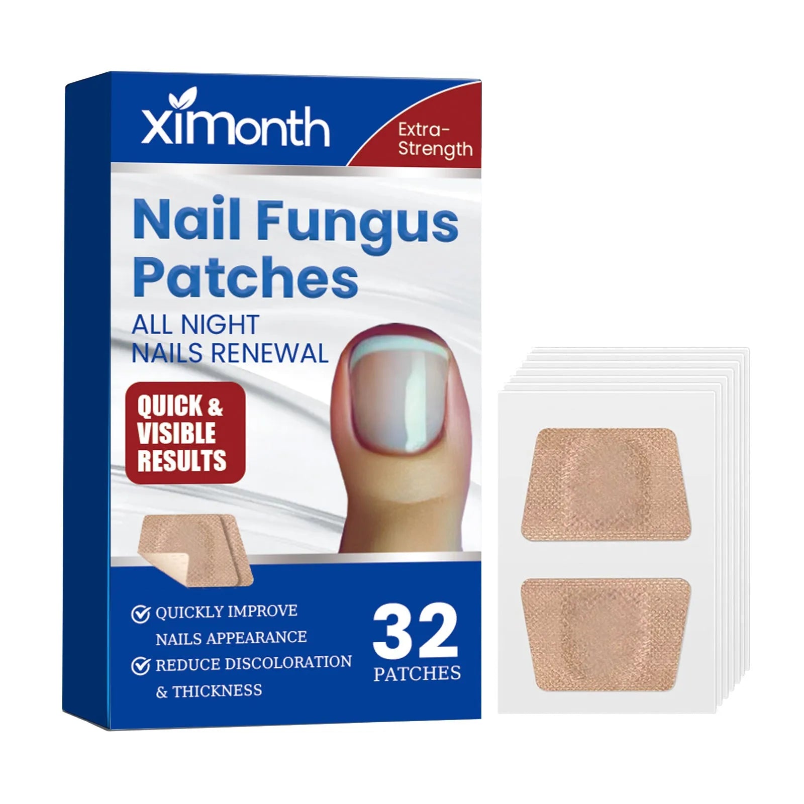Box of 32 nail repair adhesive bandages, each patch 6.1 by 3.5 cm