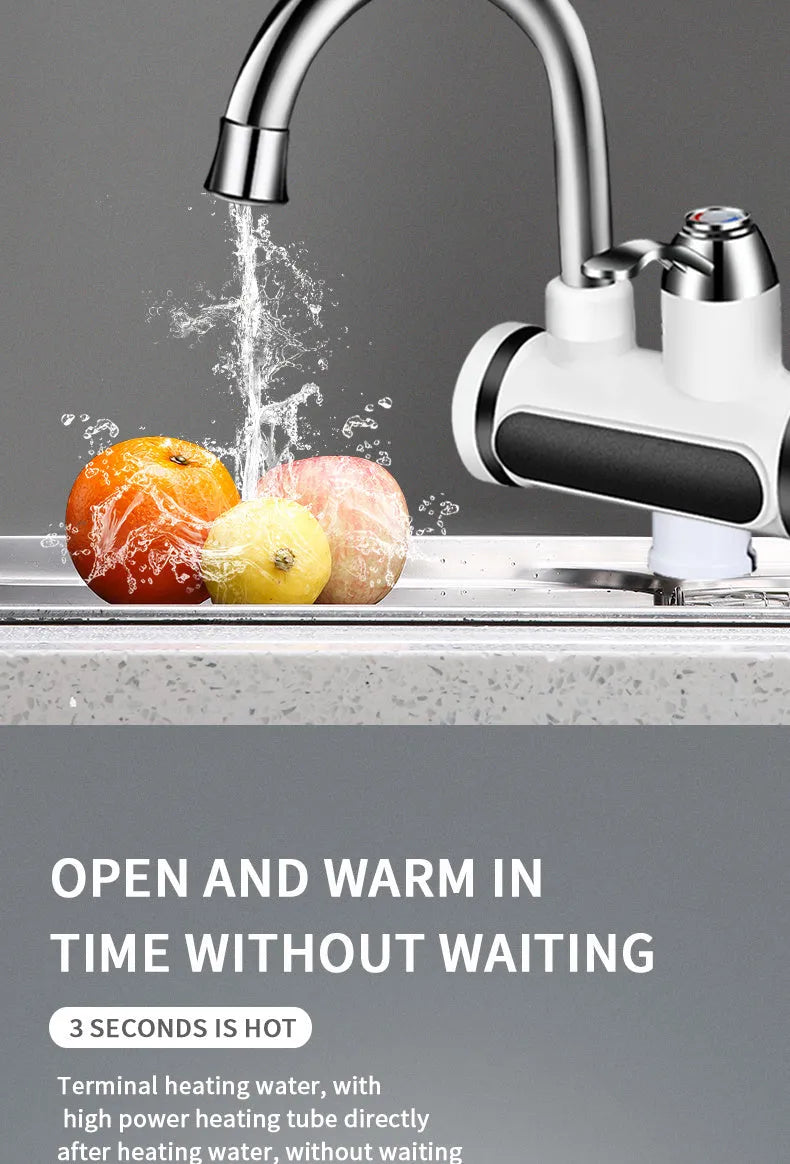 White electric instant water heater tap with digital temperature display for kitchen sink.