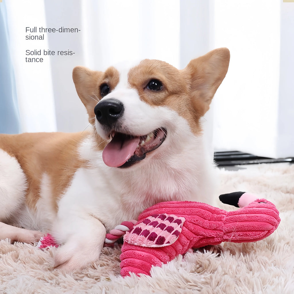 Colourful animal-shaped corduroy squeaky dog toy with reinforced stitching