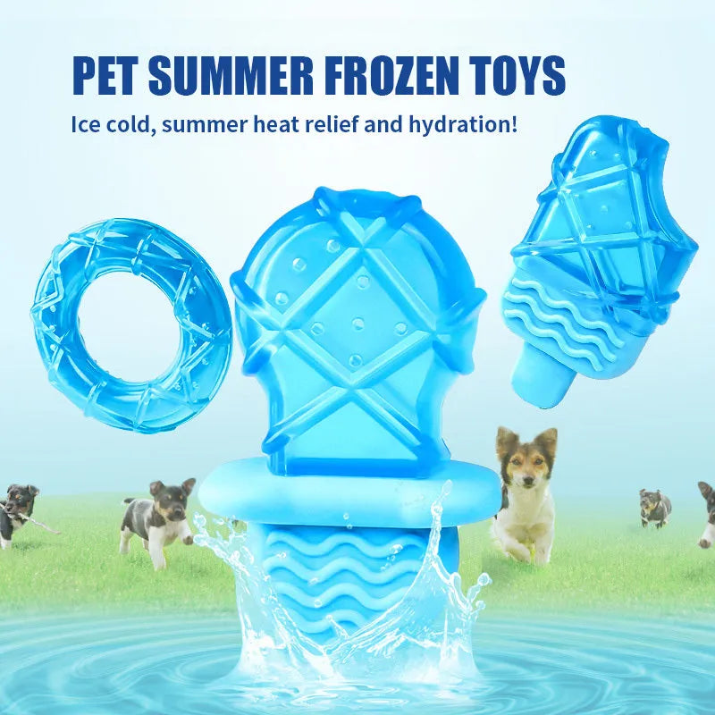 Dog cooling toy set with water-filled ice sticks and three teething toy shapes: pacifier, popsicle, and ring