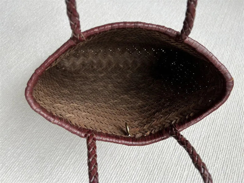 Brown woven leather tote bag with three-dimensional pockets measuring 27x30x6cm