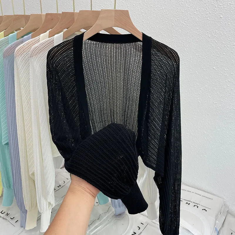 Linen blend blouse with long lantern sleeves and hollow-out design in multiple colour options
