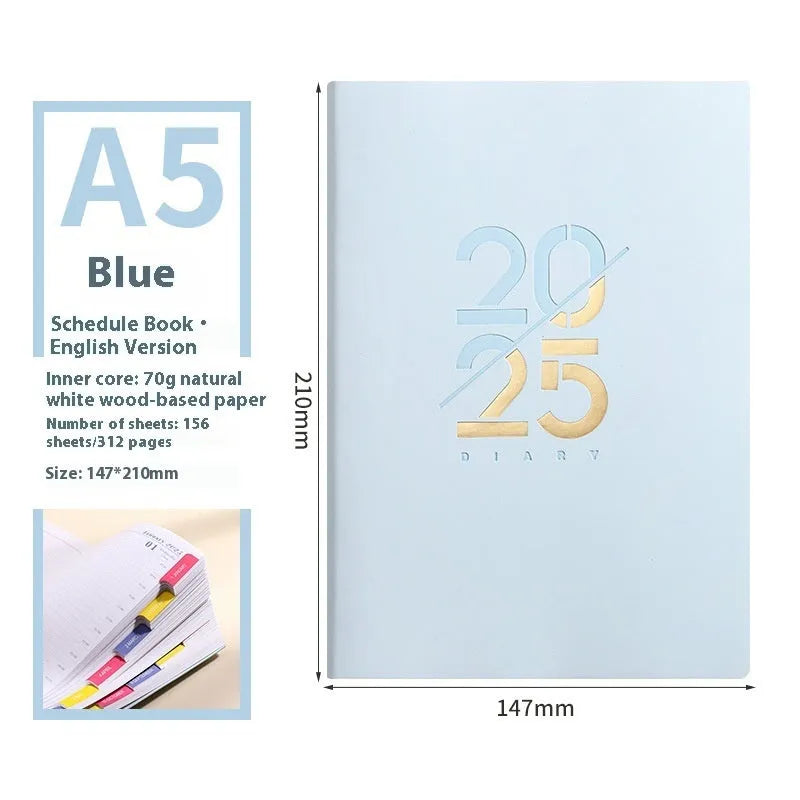 A5 daily planner notebook with faux leather cover open on a desk