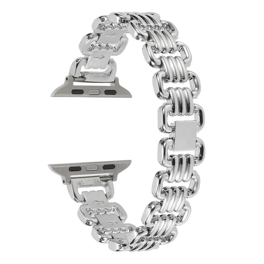 Alloy metal Apple Watch replacement bracelet in silver, black, gold, rose gold and Starlight colours.