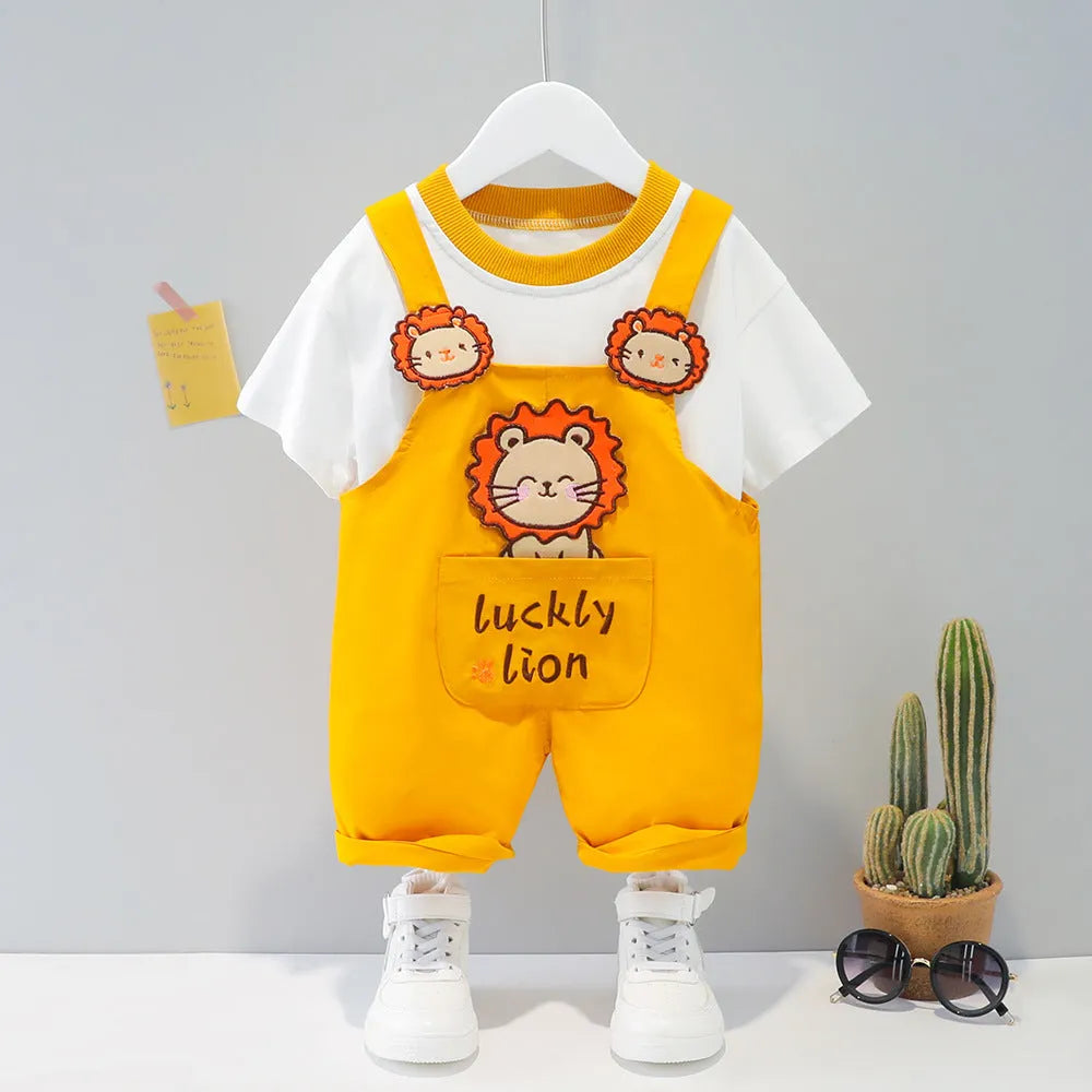 Baby short-sleeved cotton overalls in khaki with cartoon print and adjustable straps
