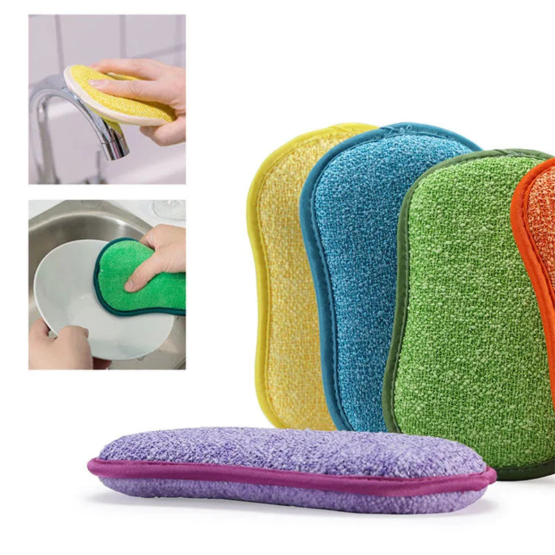 Double-sided blue kitchen cleaning sponge with microfiber texture for scrubbing pots and pans