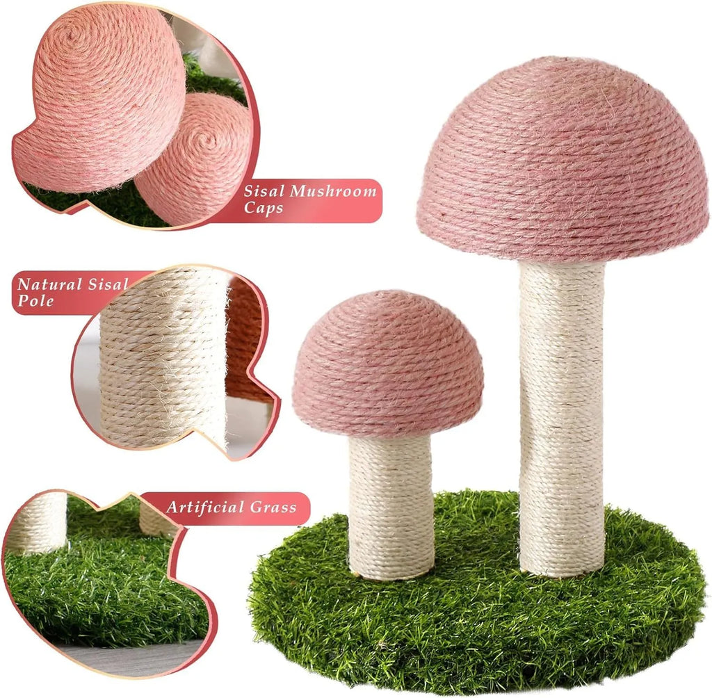 Pink mushroom-shaped cat scratching post with natural sisal caps on a sturdy base for small cats.