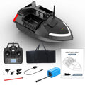 Black GPS remote control fishing boat with LED light on calm water