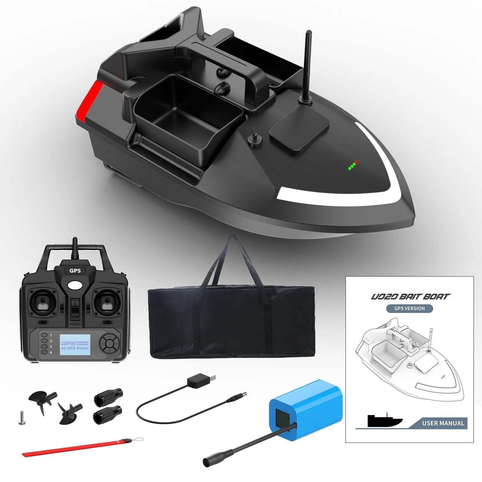 Black GPS remote control fishing boat with LED light on calm water
