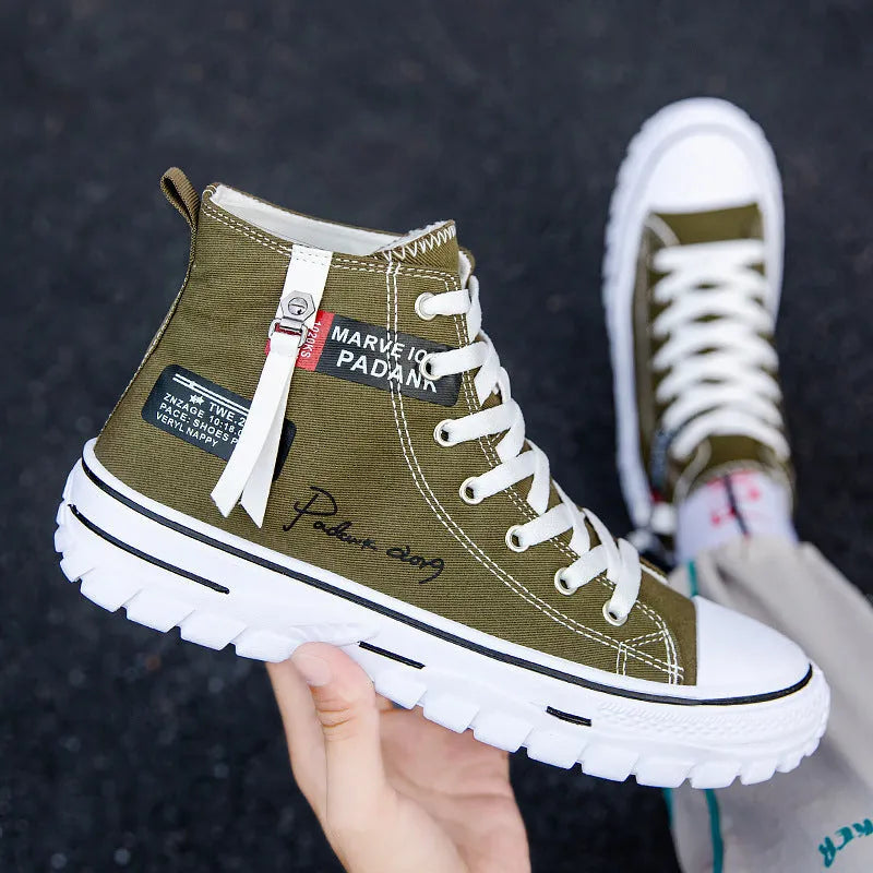 Men's high top canvas lace-up casual shoes in black, round toe, sizes 39-44