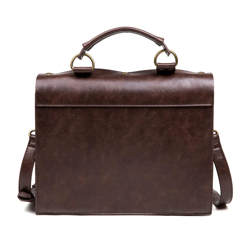 Bronze steampunk industrial retro shoulder bag with metal hardware and square pillow shape.