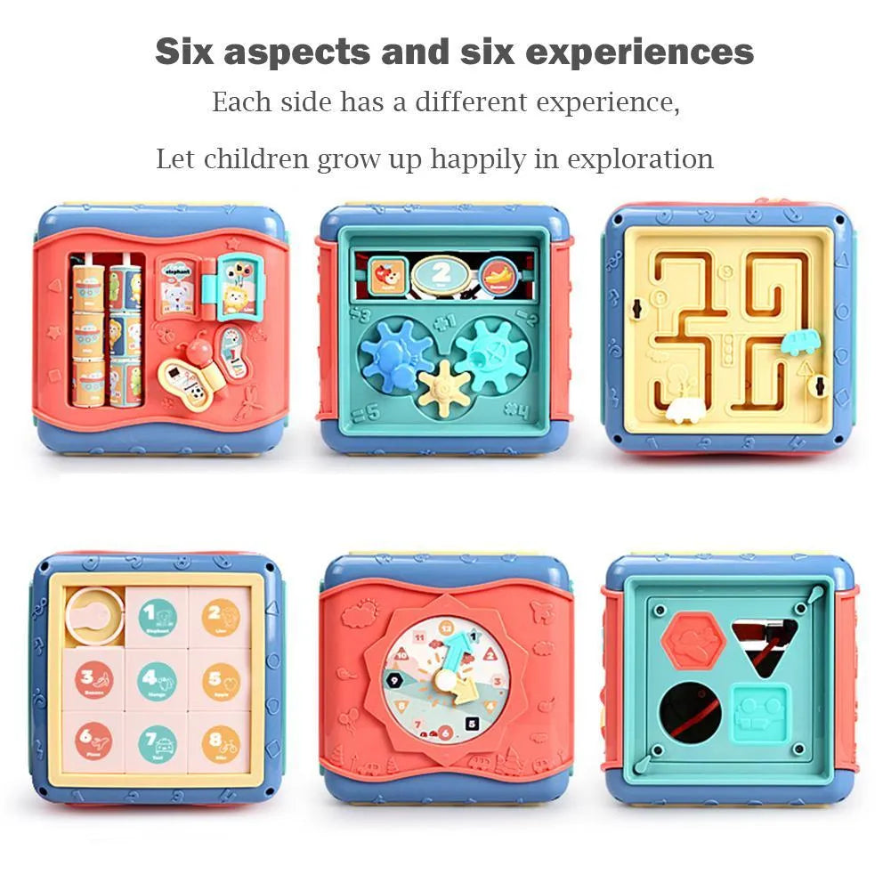 Baby hexahedron educational toy with six different Montessori learning activities on each side