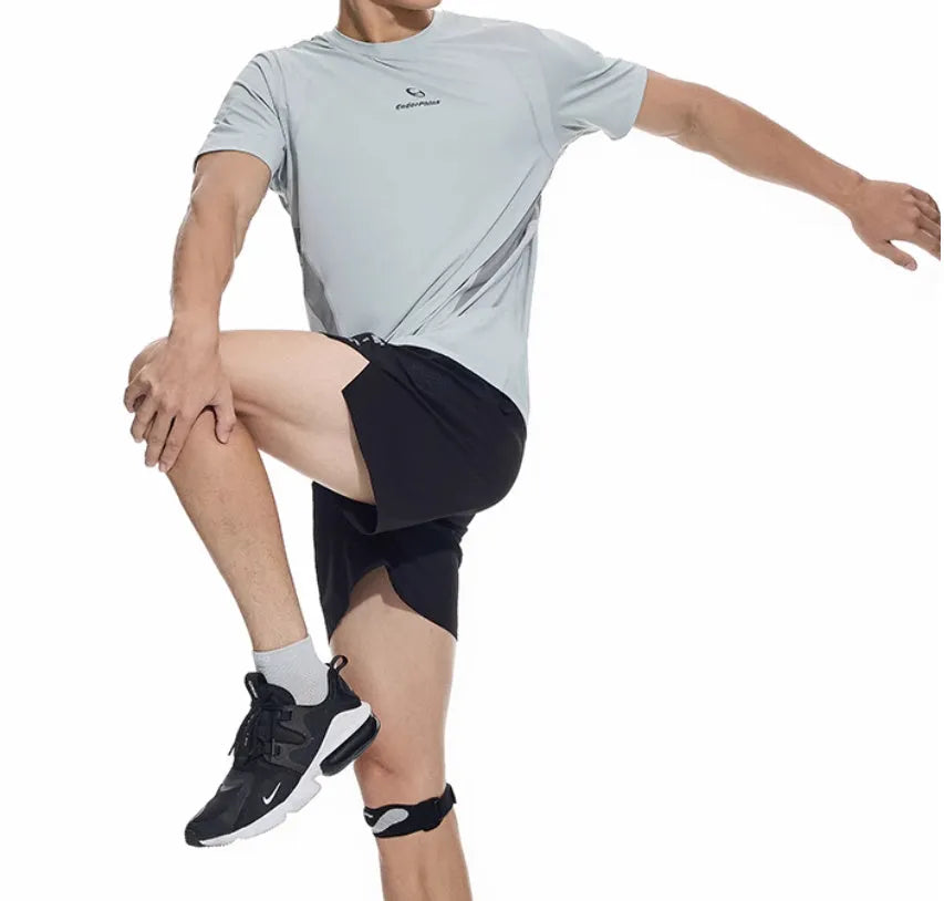 Men's black running shorts with four-sided stretch fabric and laser stitching detail
