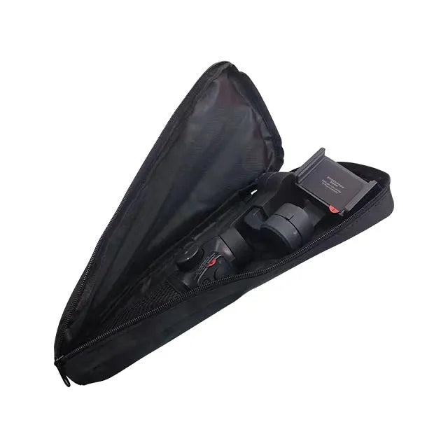 Black cloth storage bag for mobile phone stabilizer with zipped closure and multiple interior compartments