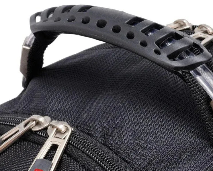Black business backpack open to show laptop compartment and internal organisers.