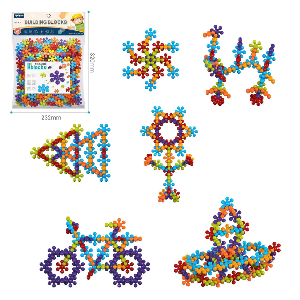 DIY plum blossom building blocks arranged in flower shape with rainbow colour pieces on white background