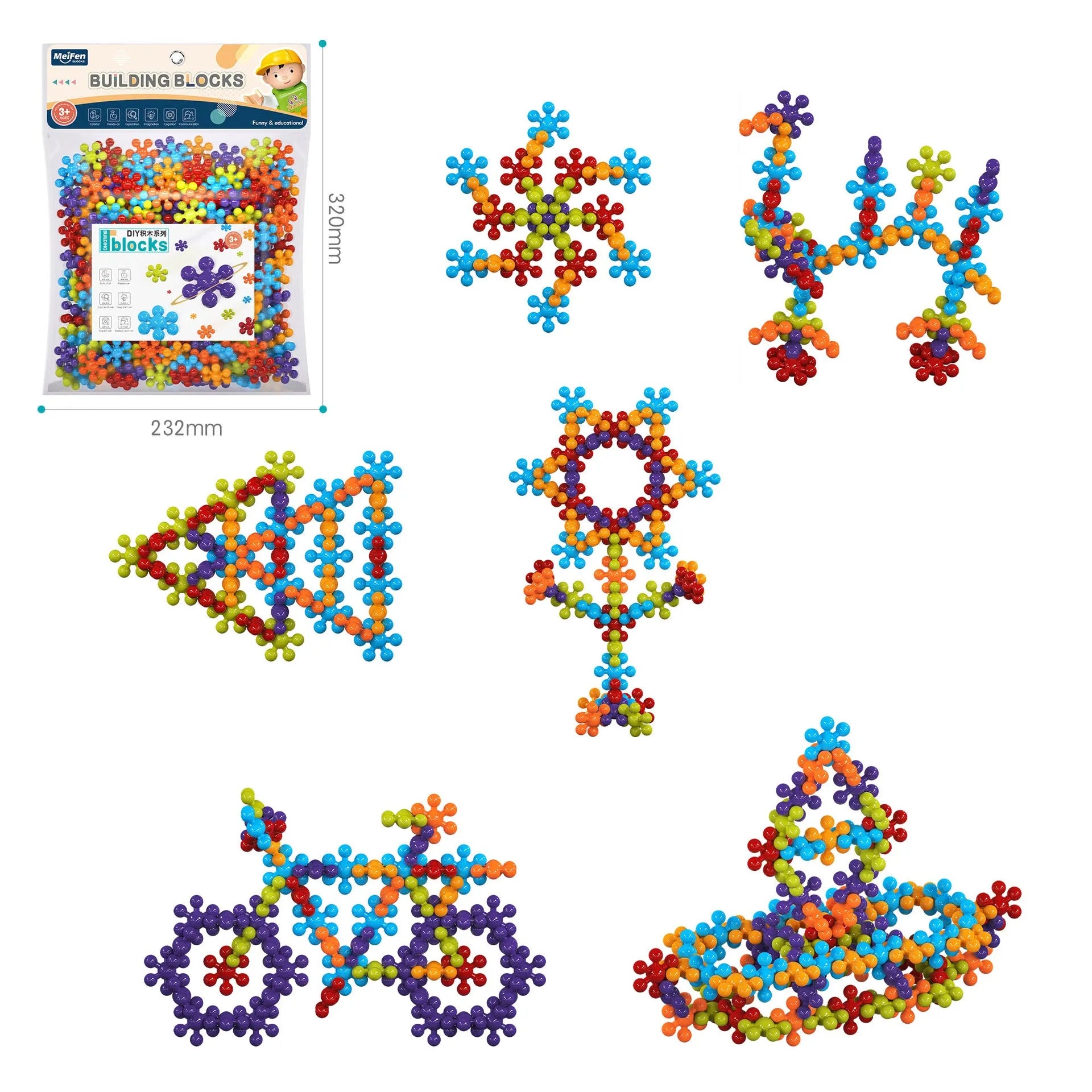DIY plum blossom building blocks arranged in flower shape with rainbow colour pieces on white background