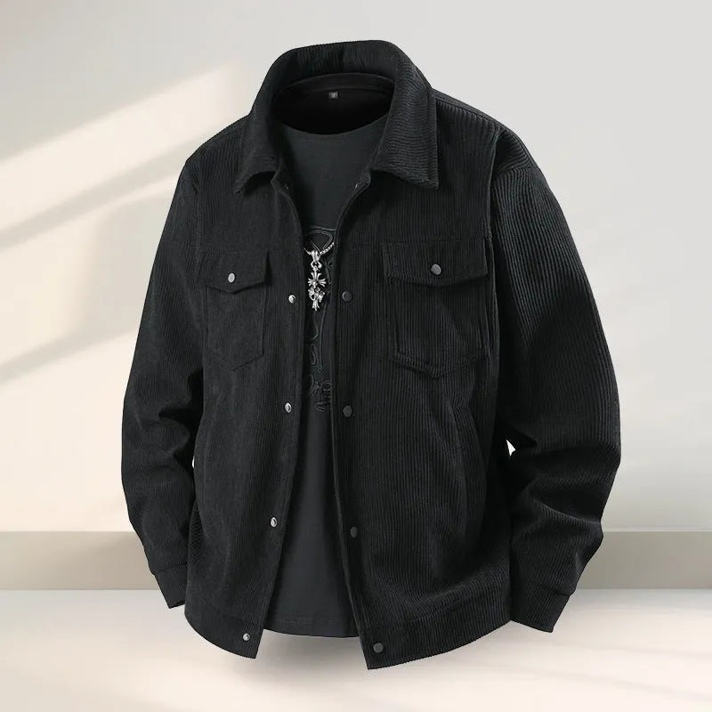 Mens slim fit casual coat in Lycra fabric with ruffle design, shown in black.