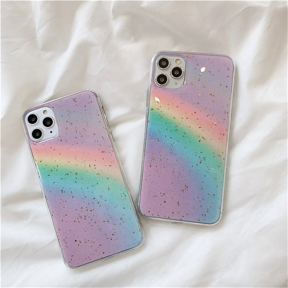 Rainbow gradient striped TPU protective case for iPhone on wooden surface