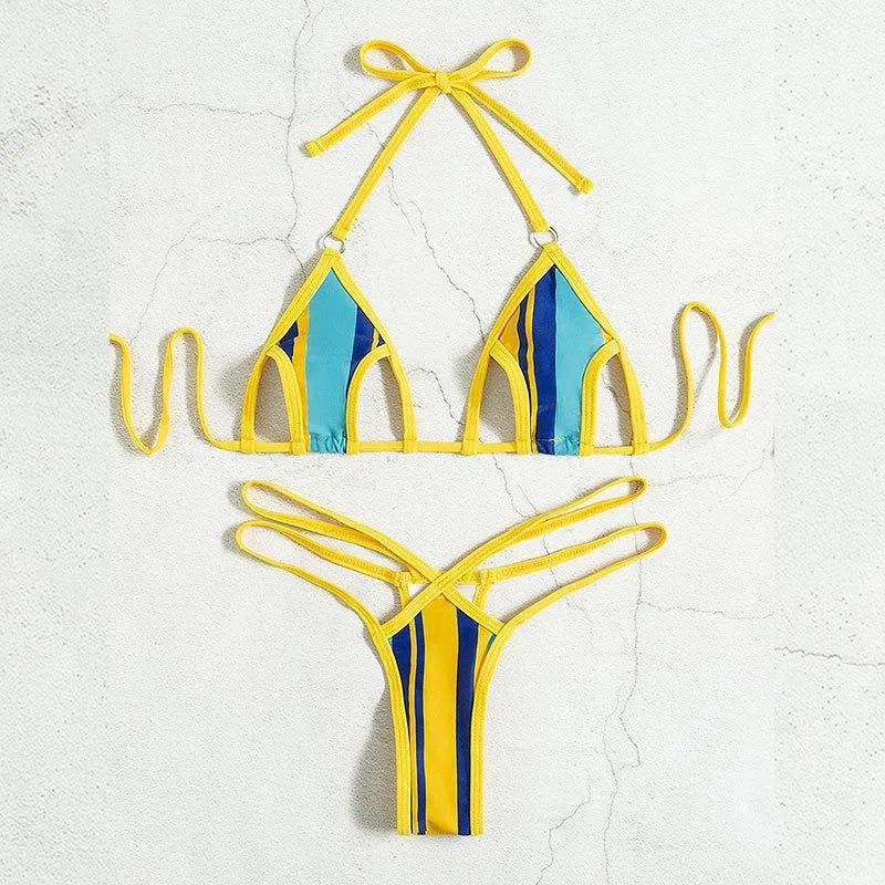 Yellow women's split swimsuit with high waist, backless design and neck-hanging style