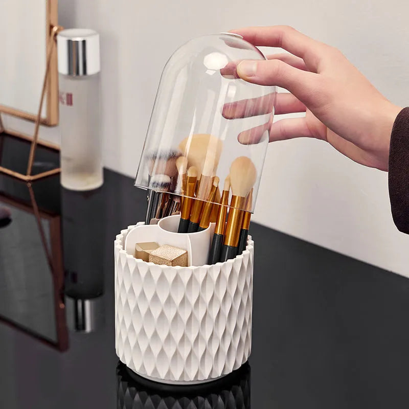 White rotating transparent acrylic makeup brush holder with dustproof lid on desktop