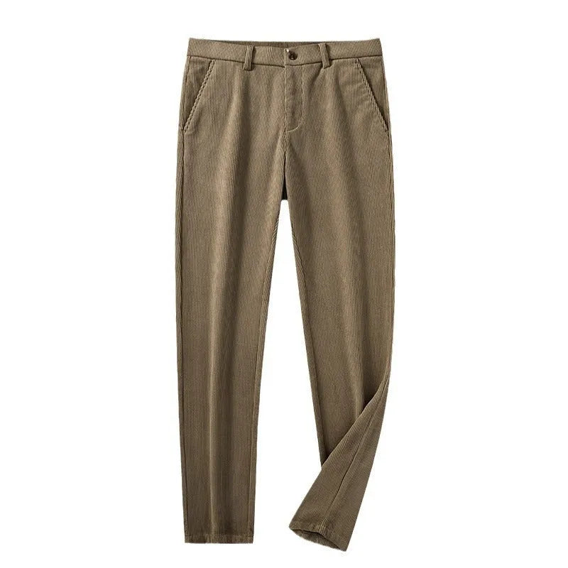 British retro striped straight leg trousers in a chemical fibre blend, shown in khaki colour.
