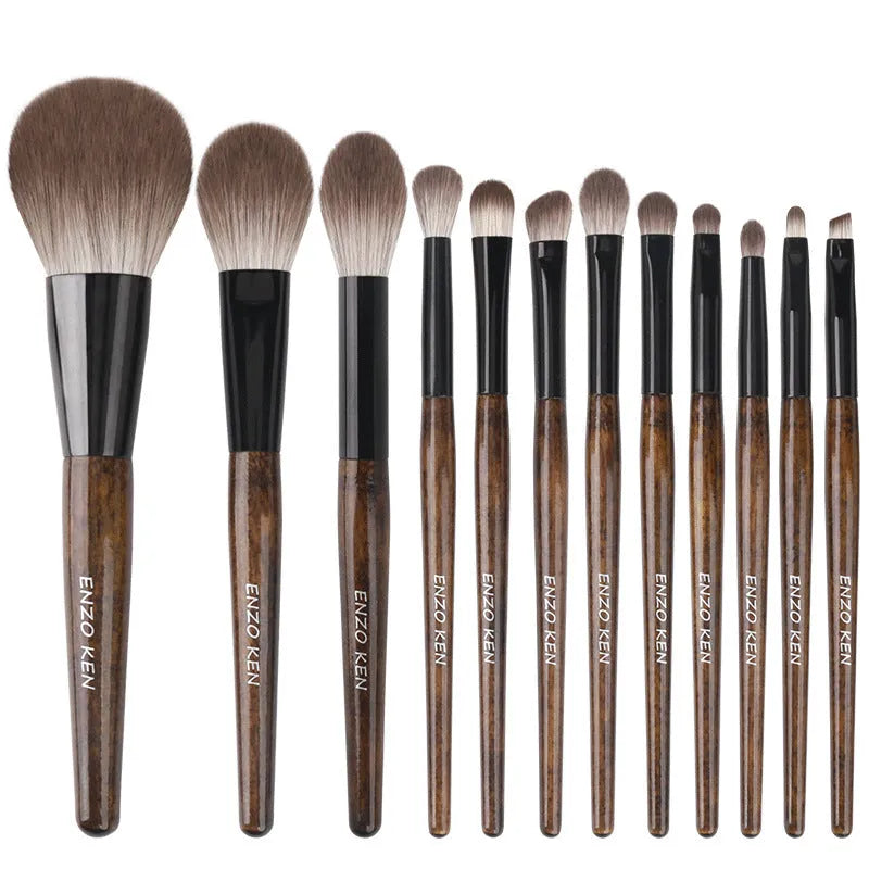 12-piece wooden handle makeup brush set with artificial fibre bristles in a portable PU storage bag