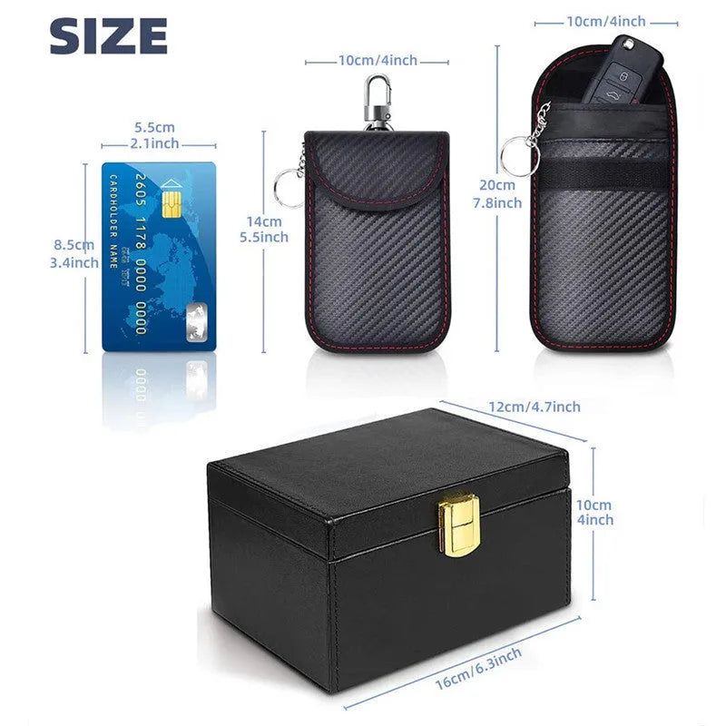 Slate grey RFID shielding box suit with carbon fibre lining and two matching key cases