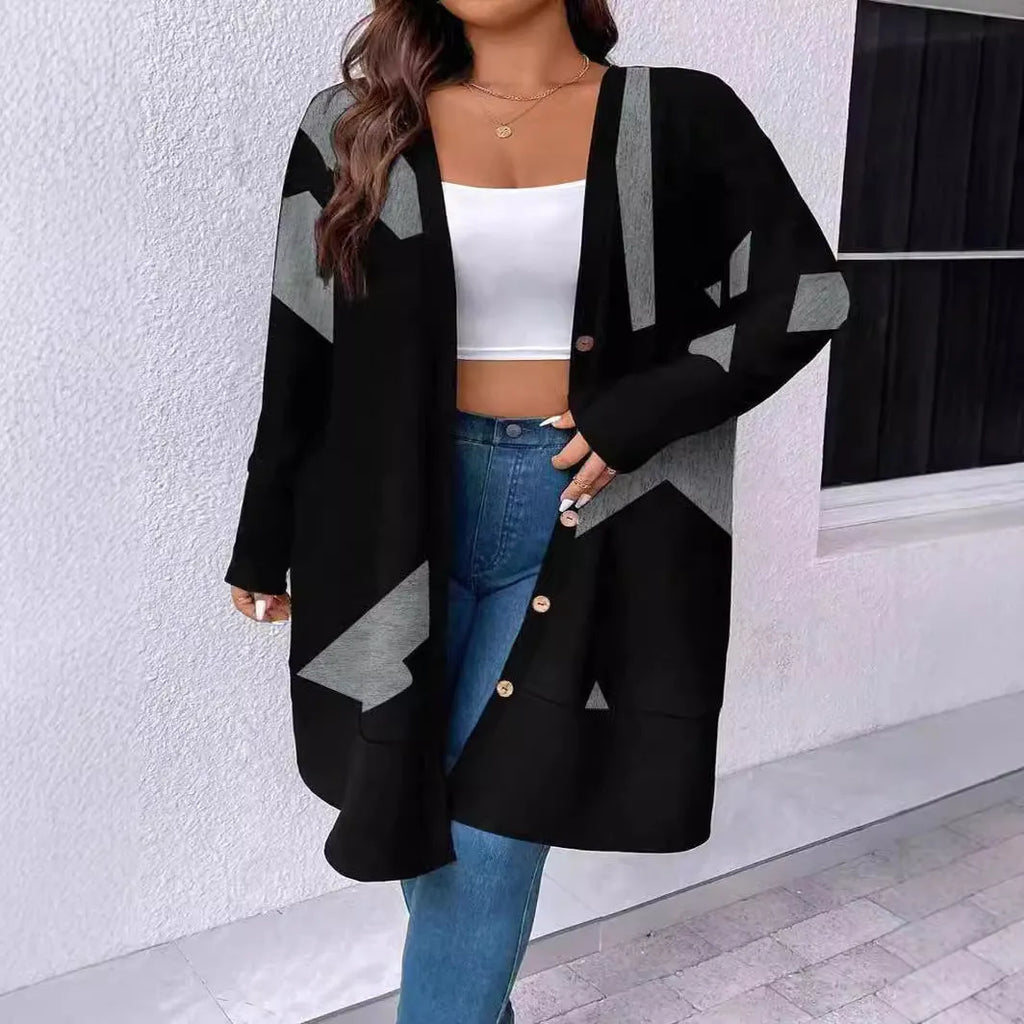 Black plus size casual cardigan with button stitching printing details and regular sleeves