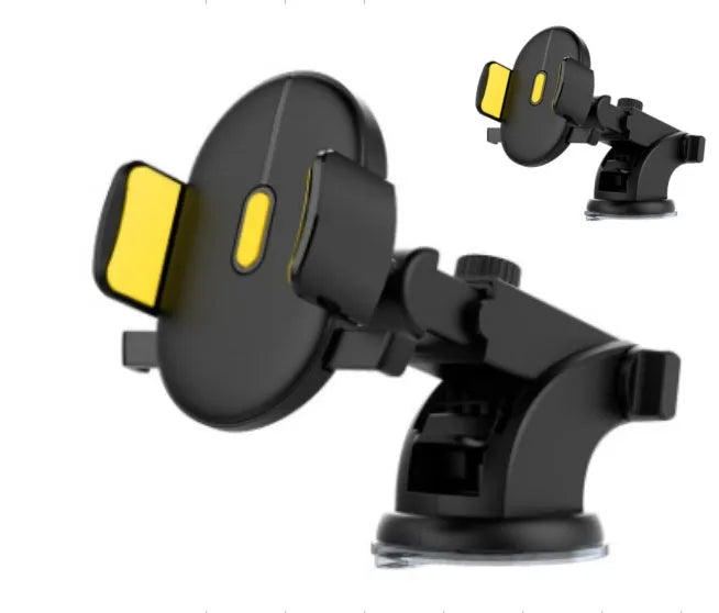 Yellow and black telescopic car phone holder with suction cup mounted on a dashboard