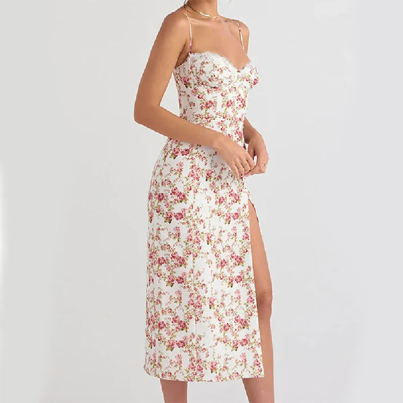 Blue lace flowers print long dress with adjustable cross-back straps and a side slit.
