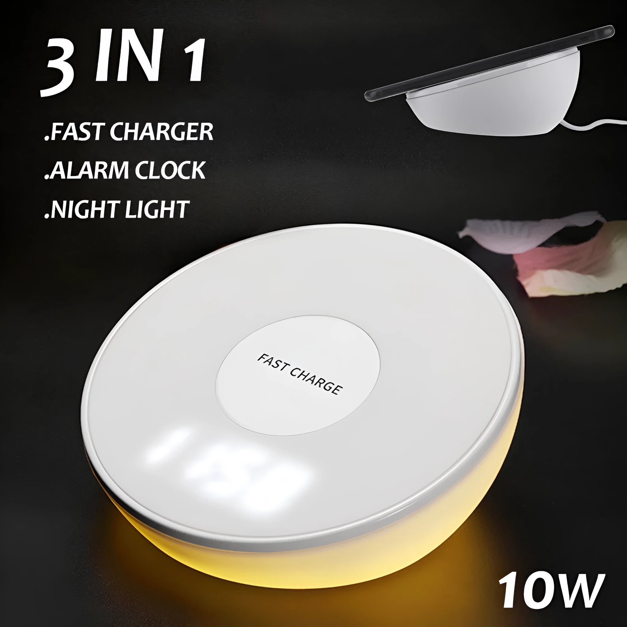 White Qi wireless charging pad with LED digital clock display and three control buttons