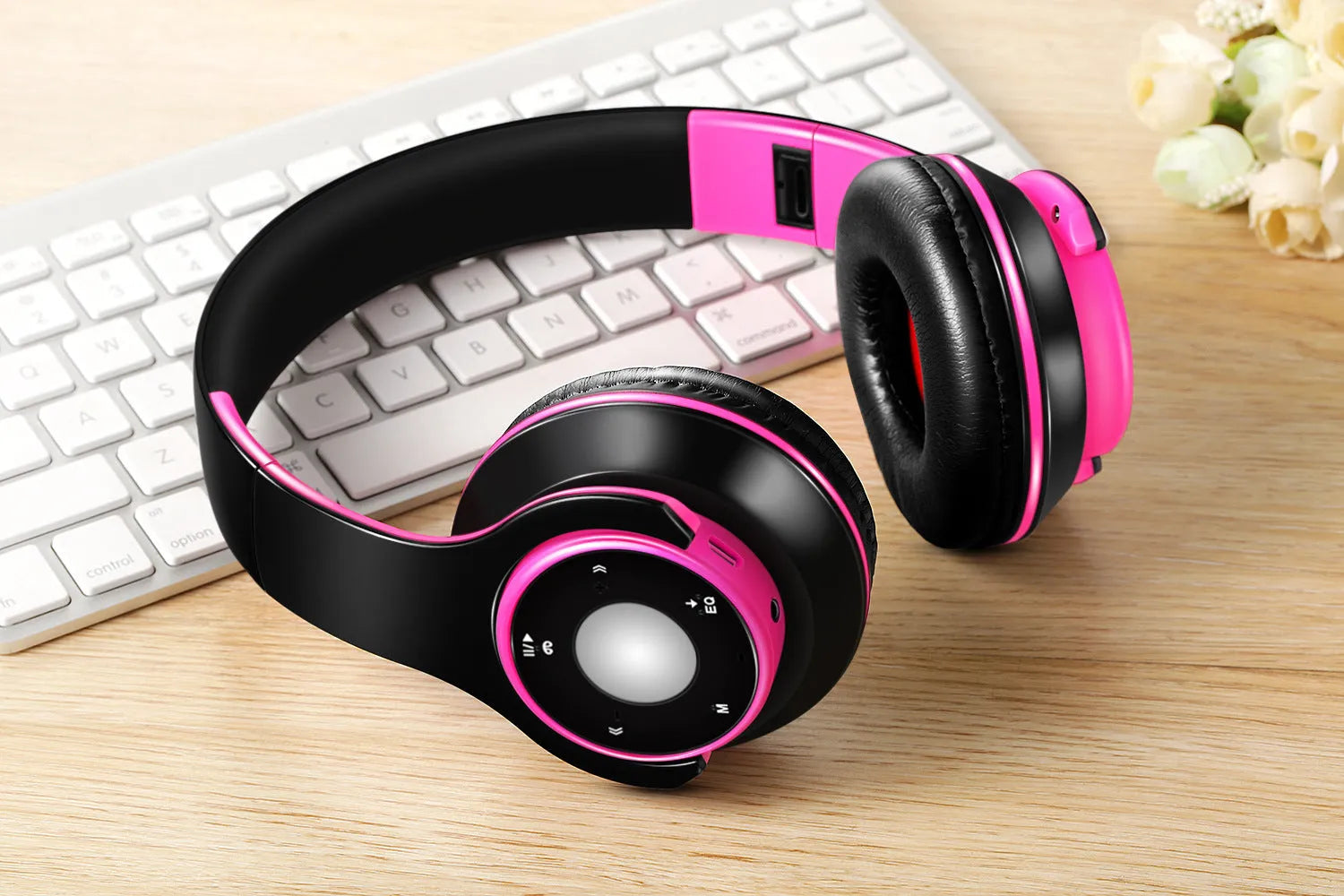 Foldable wireless Bluetooth headset in blue colour showing adjustable hinges and ear cushions