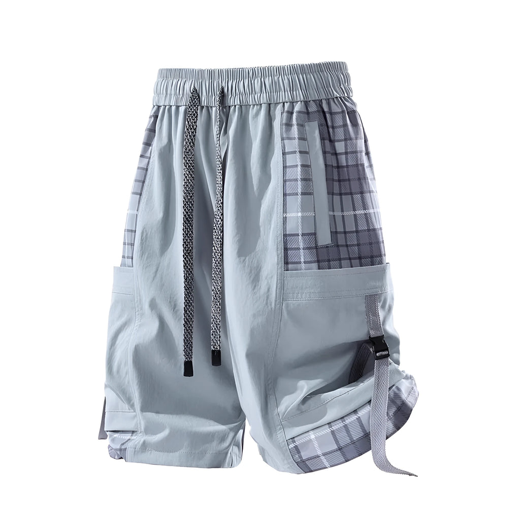 Men's loose-fit cargo shorts in grey with plaid stitching and cargo pockets.
