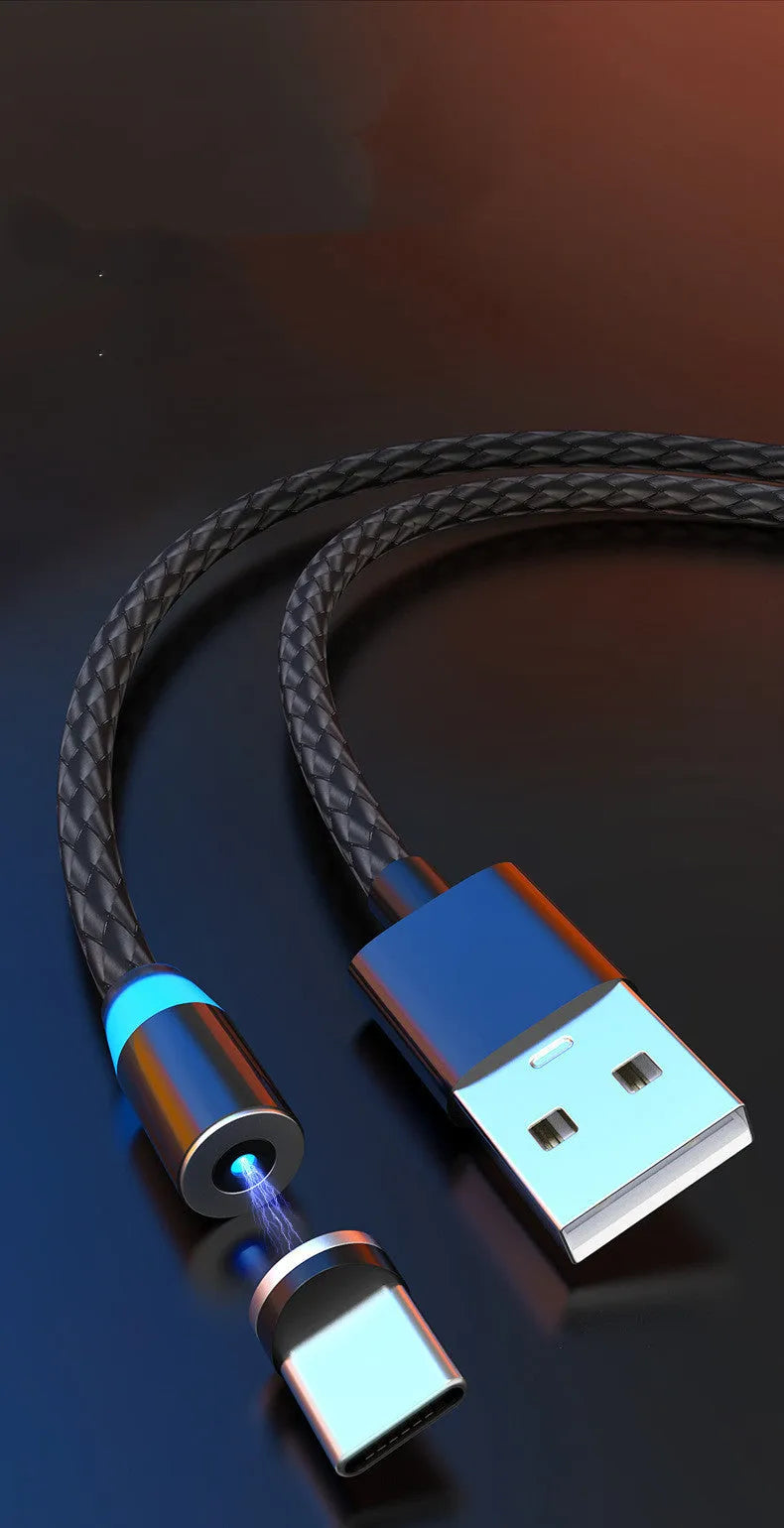 Magnetic USB charging cable with breathing light indicator showing black and silver versions in 1m and 2m lengths