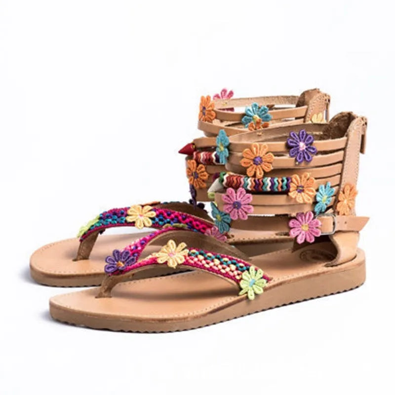 Ethnic style beaded petal sandals with artificial PU upper and floral detailing