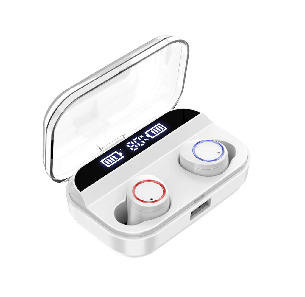 Black X11 Bluetooth wireless earbuds and charging case with six silicone ear sleeves.
