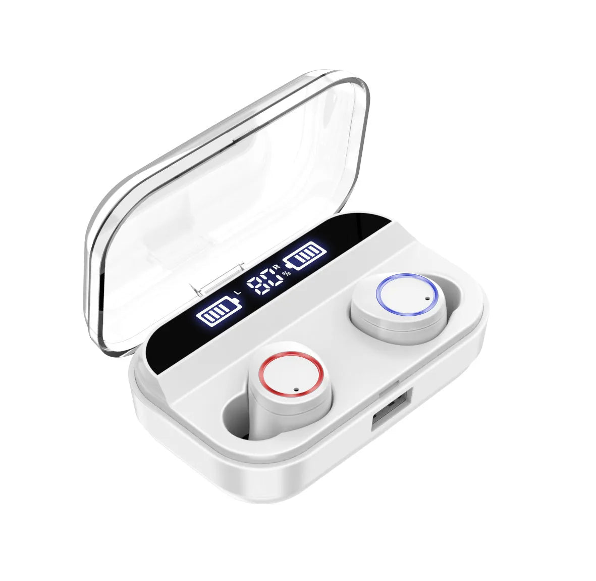 Black X11 Bluetooth wireless earbuds and charging case with six silicone ear sleeves.
