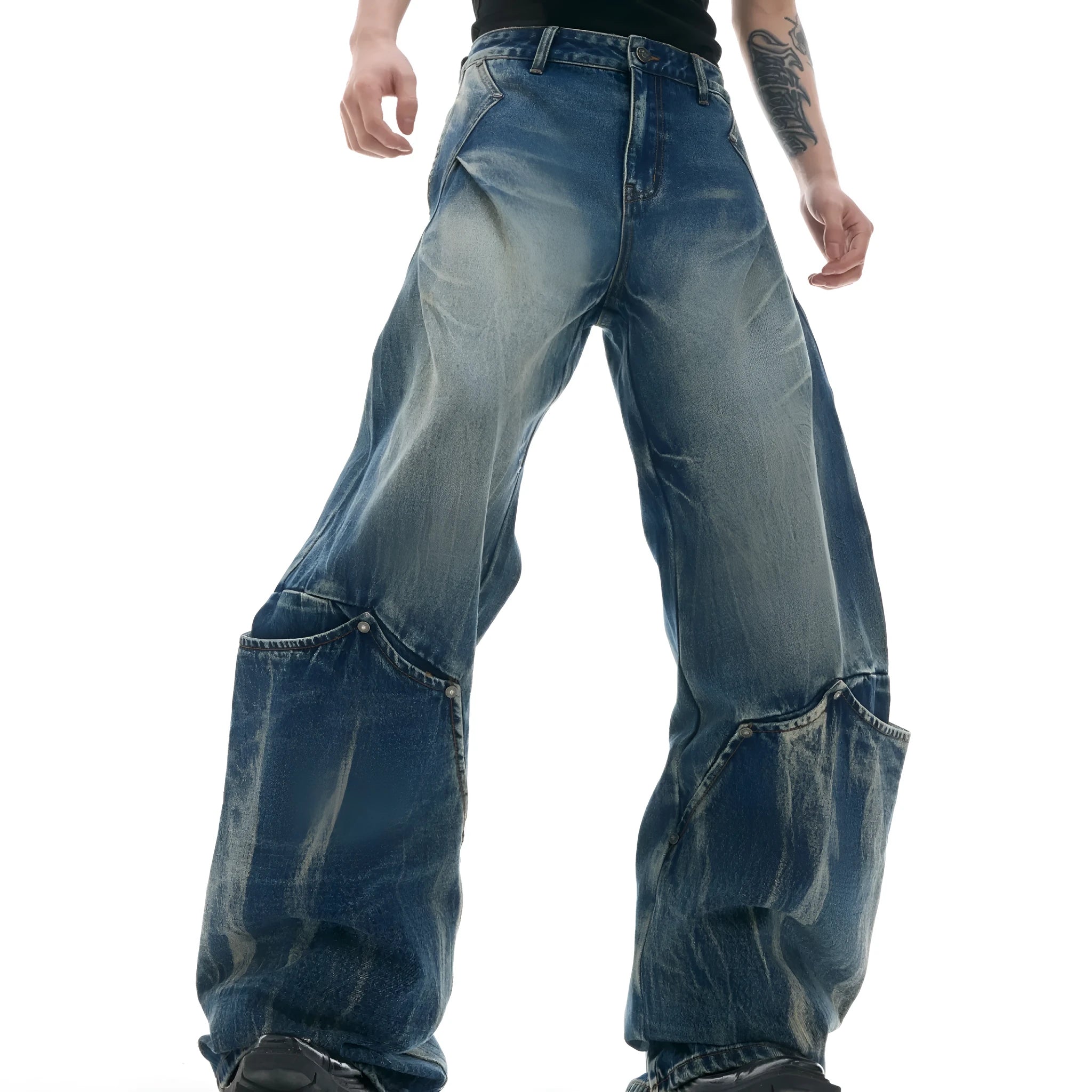Men's Verdant Blue jeans with a retro washed burst pattern and loose curved knife fit