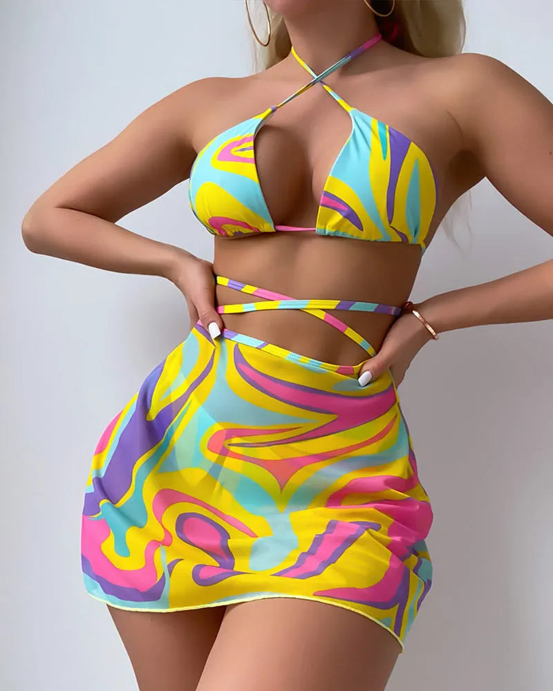 Yellow striped women's halter lace-up swimsuit set with matching skirt and shorts