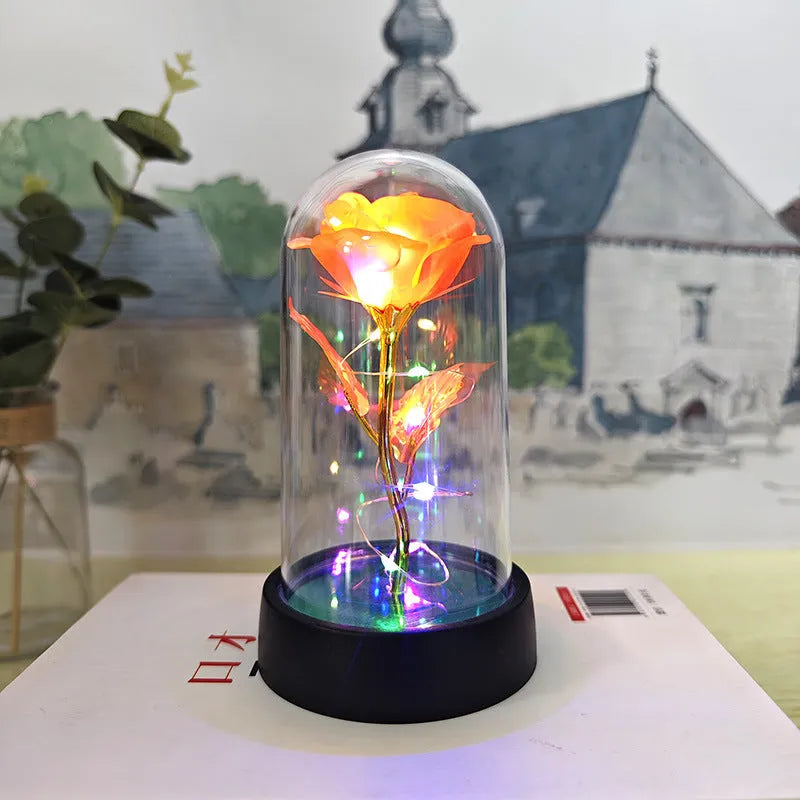 Small plastic night lamp with glass-style cover and black base, showing coloured light option.