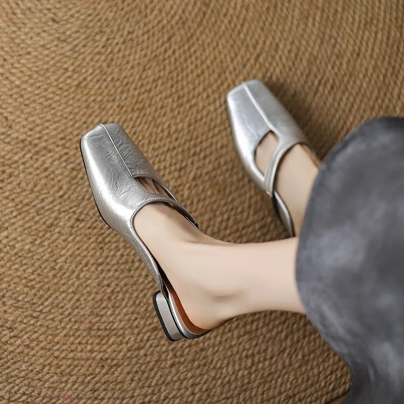 British style low heel square head outdoor slippers in black colour with imitation leather lining