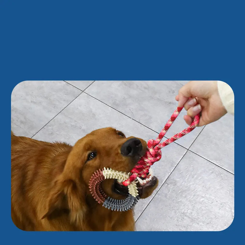 Blue, red, and rose red braided rope puppy knot dog toy showing knotted design