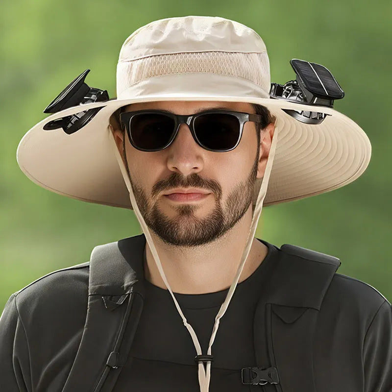 Solar-powered fisherman style hat with built-in fan, shown in multiple colour options.