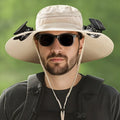 Solar-powered fisherman style hat with built-in fan, shown in multiple colour options.