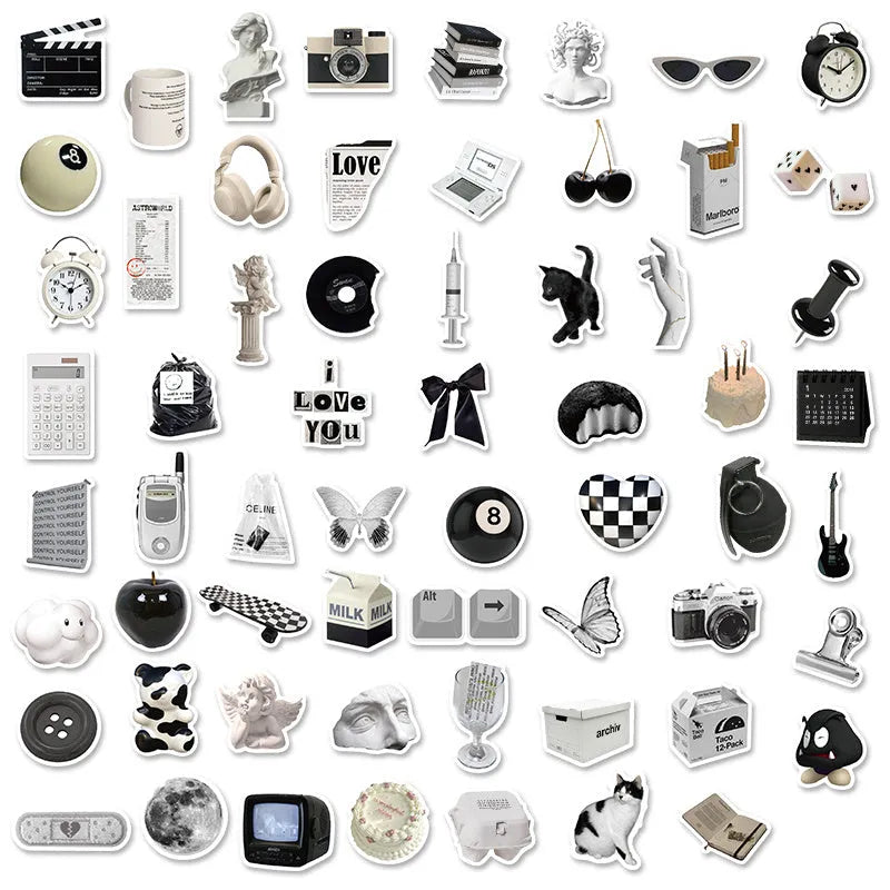 Black and white PVC vinyl sticker pack with 61 pieces for laptops and phones