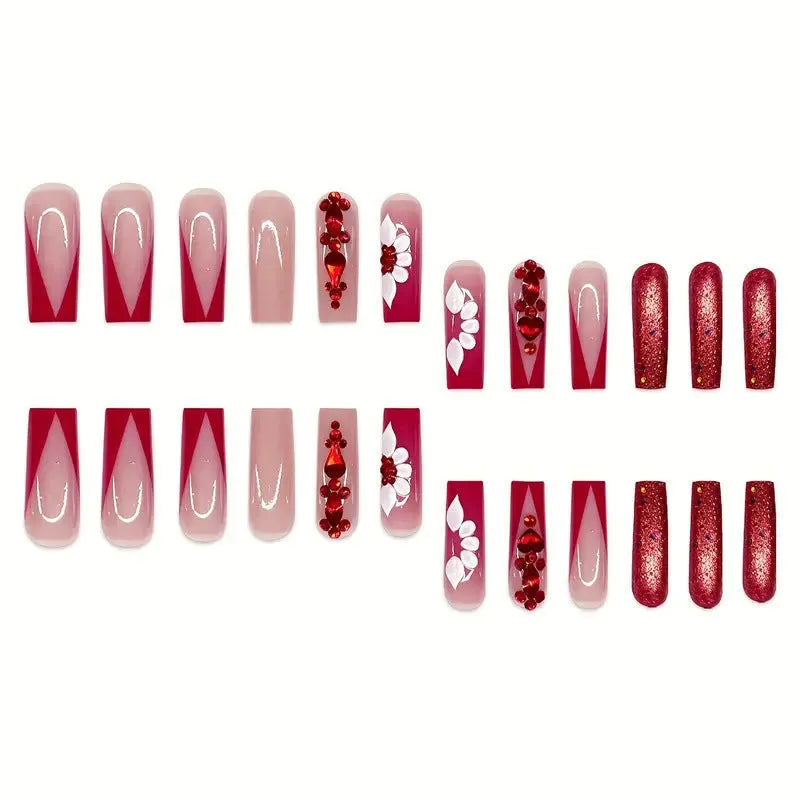 Sweet flower pattern removable fake nails with prismatic red diamond accents in European square long style
