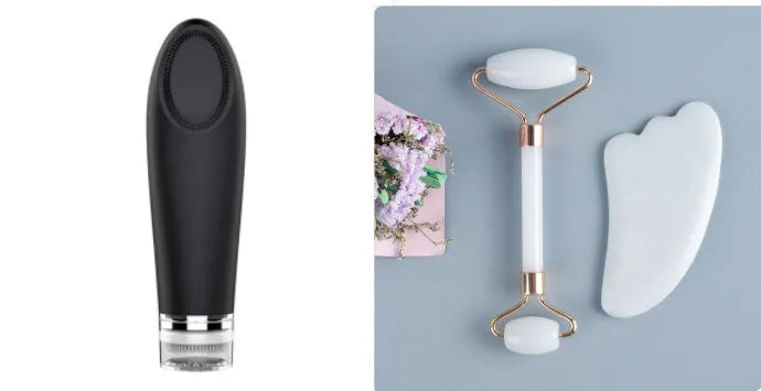 White jade dual-head facial roller and gua sha tool with a separate massage board on a plain background.